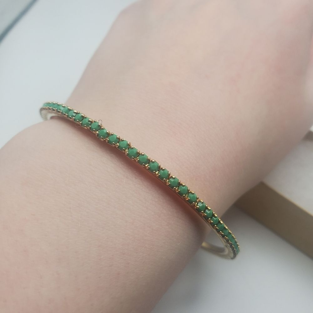 Green rhinestone gem bracelet thin slender slim bangle